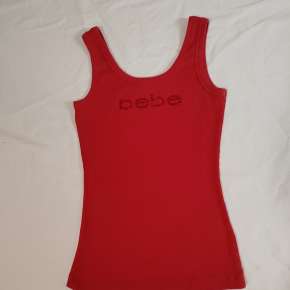 bebe Red Ribbed Tank with Rhinestone Logo Detail - Picture 3 of 7